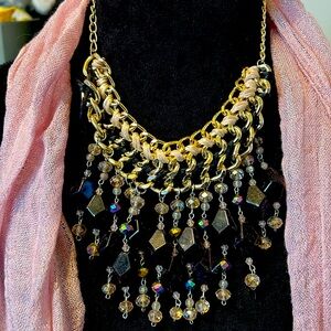 Vintage BoHo Gypsy Black Beaded Necklace Goldtone With Pink Metallic Scarf